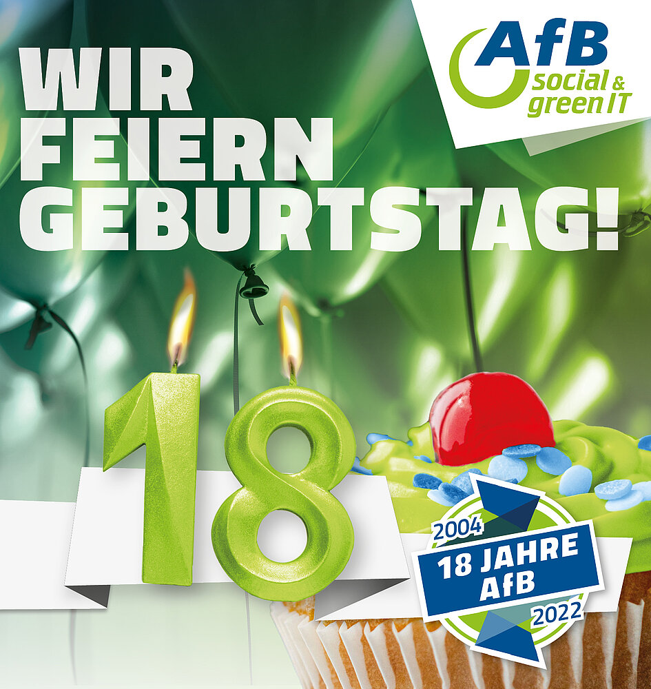 Grafik mit einem Muffin und Kerzen in Form einer 18. Schriftzug: "Wir feiern Geburtstag!" und ein AfB Logo mit dem Zusatz "2004 - 2022"
